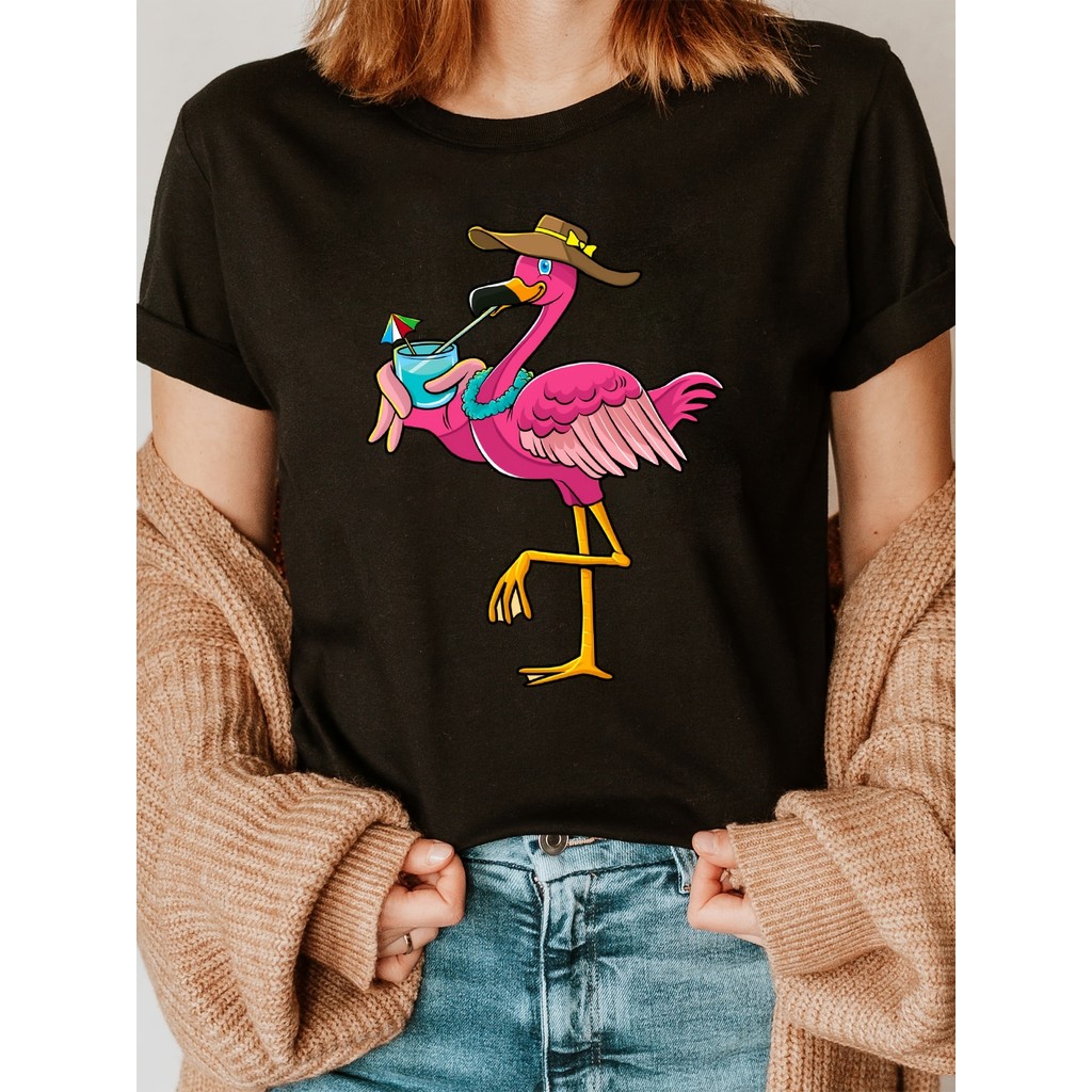 Camiseta Feminina Flamingo Rosa Havaiano Tropical Praia Confortável Linda Estilosa Moda Verão