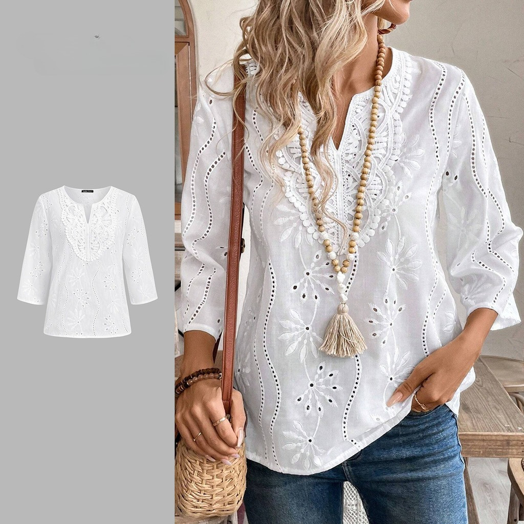 Blusa Casual Lisa Com Bordado De Ilhós E Renda Branca Para Mulheres LR11LD064