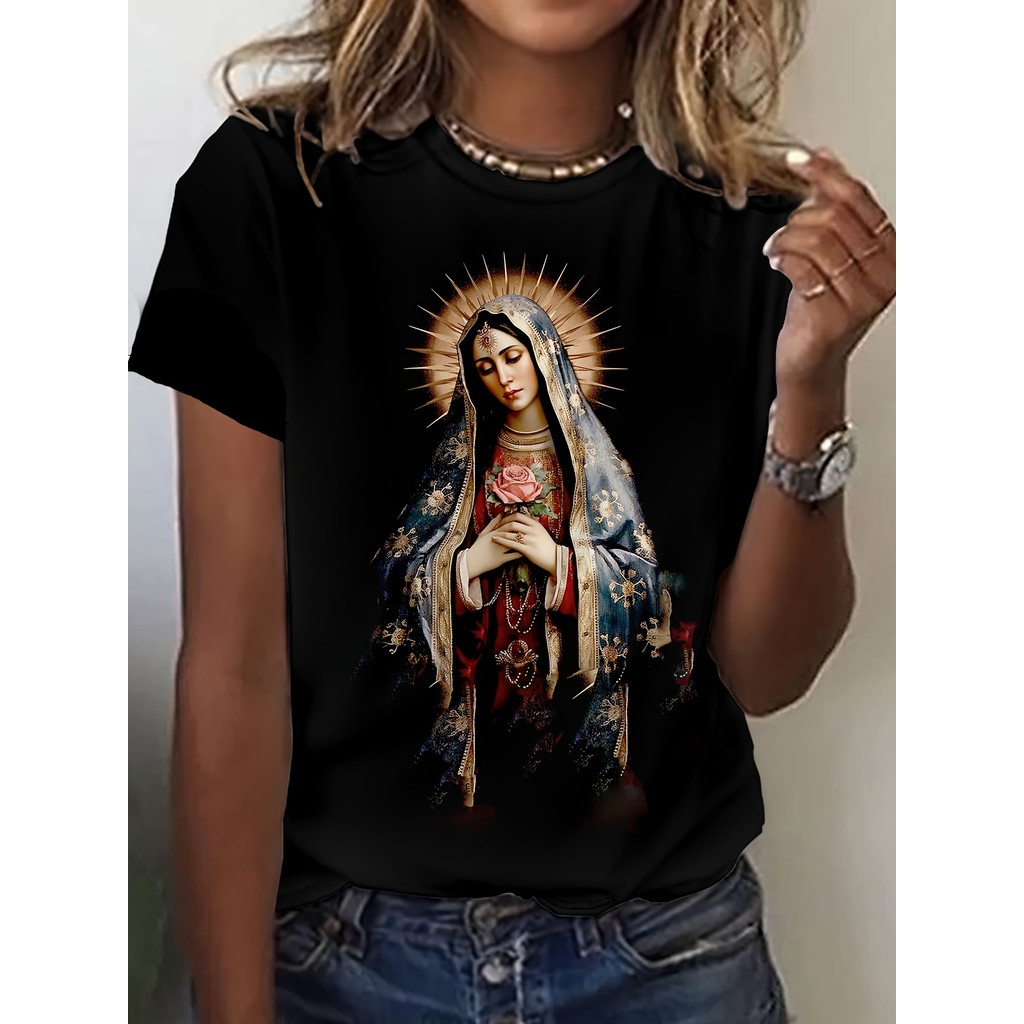 Camiseta Feminina Casual Elegante Puro Algodão Com Estampa Religiosa De Nossa Senhora De Guadalupe — imagem 2 de 2