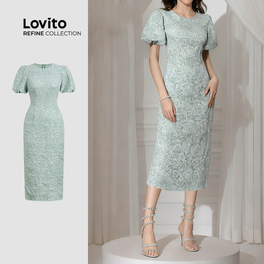 (Lovito Refine) Vestido Elegante com Costura Dobrada e Abertura Nas Costas Primavera/verão Azul e Verde LR21E060