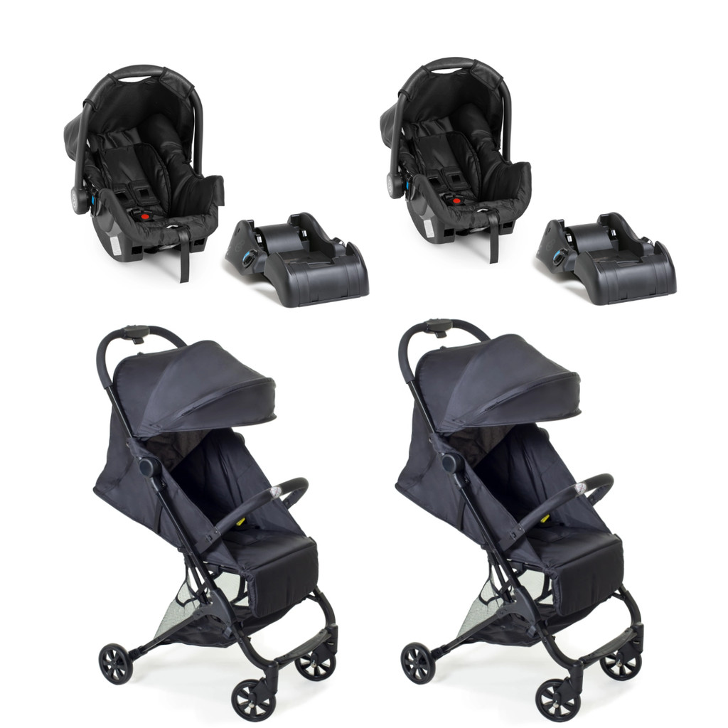 Kit Duplo Gêmeos: 2 Carrinhos Duolee Duo All Black + 2 Bebês Conforto Grid + 2 Bases - Galzerano