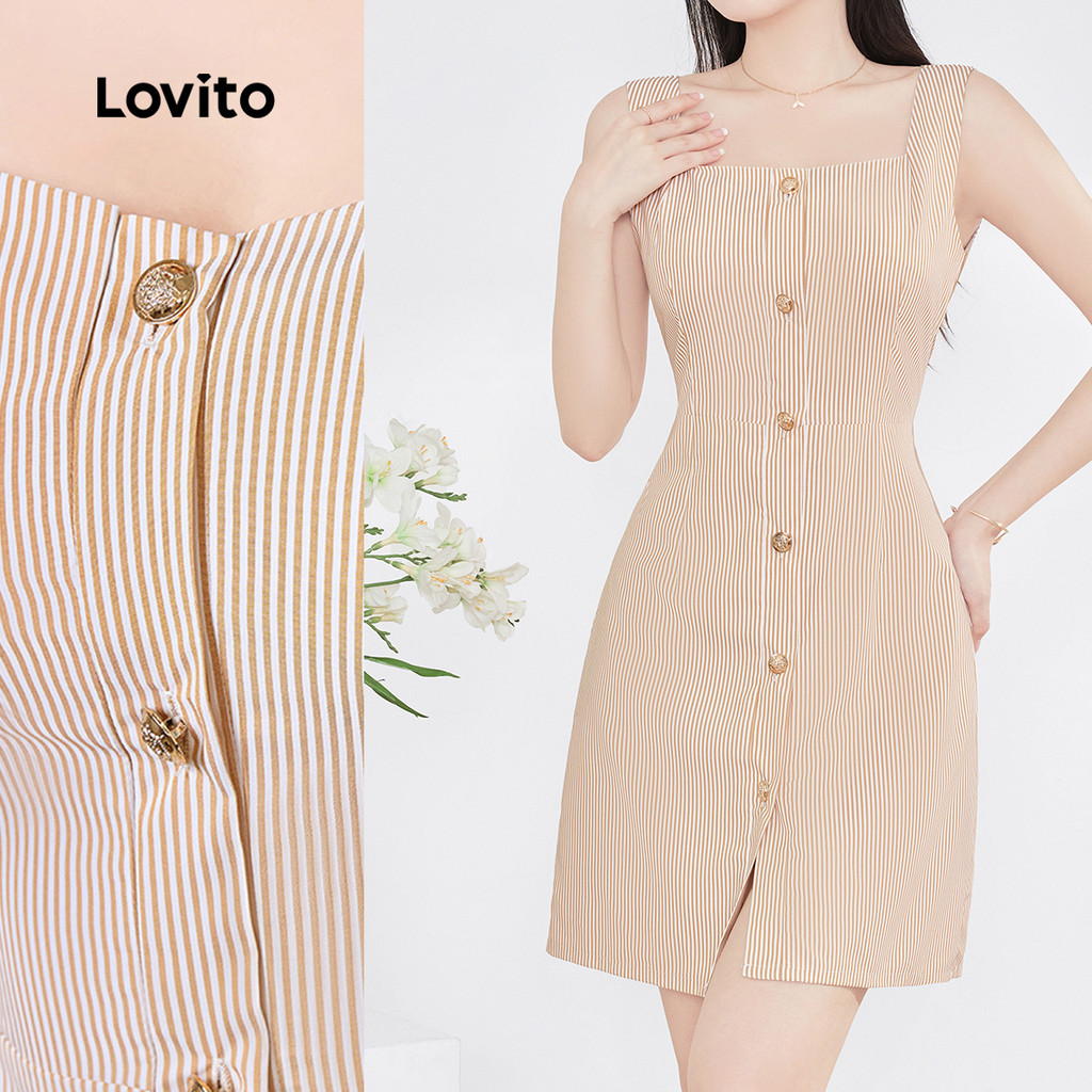 Lovito Vestido Casual com Fivela de Metal Primavera/verão Caqui para mulheres L157ED1020 em Oferta na Shopee