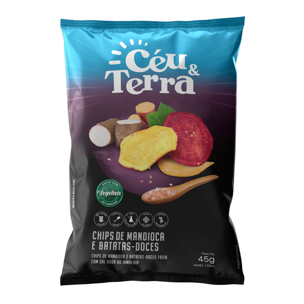 Chips de Mandioca e Batatas Doces Céu & Terra com Sal Rosa do Himalaia 45g em Oferta na Shopee
