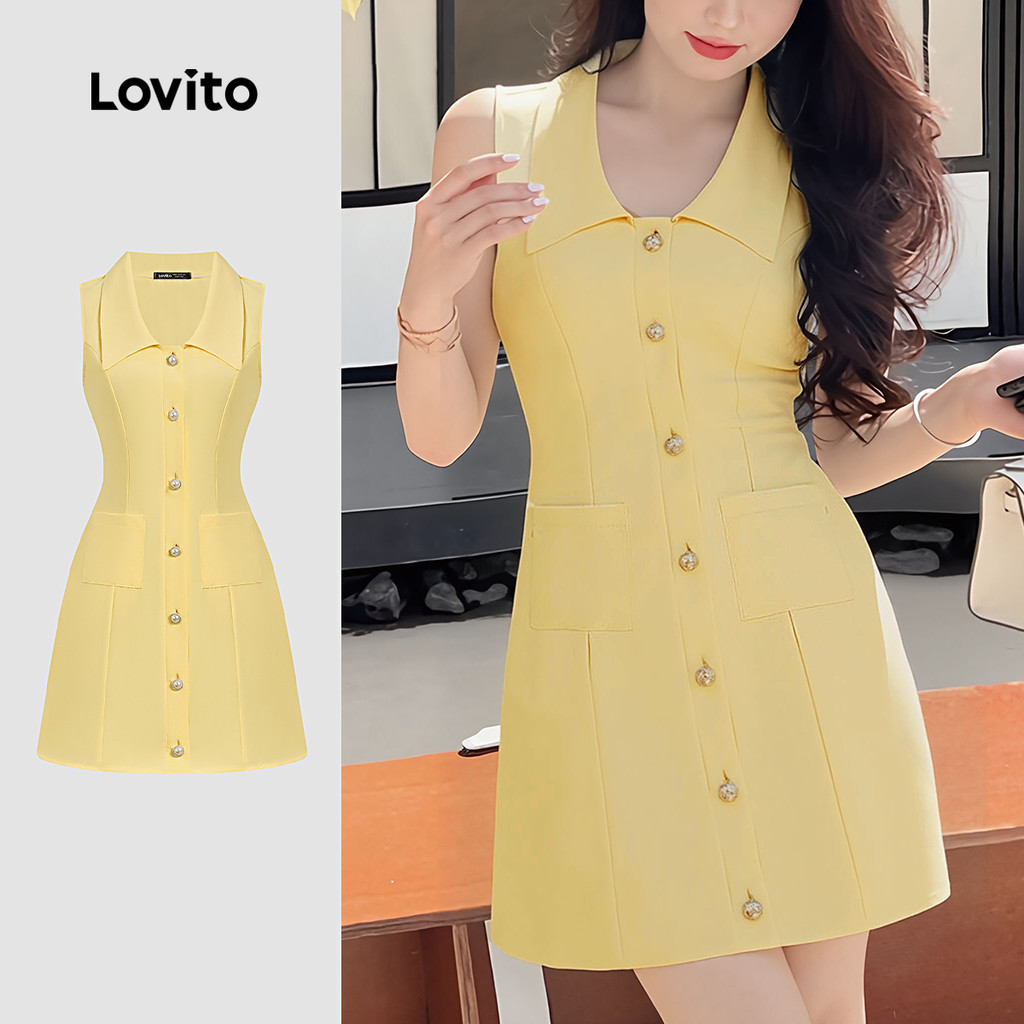 Lovito Vestido Elegante com Botões Na Frente para Primavera/verão Vestido Amarelo para Mulheres L154ED013