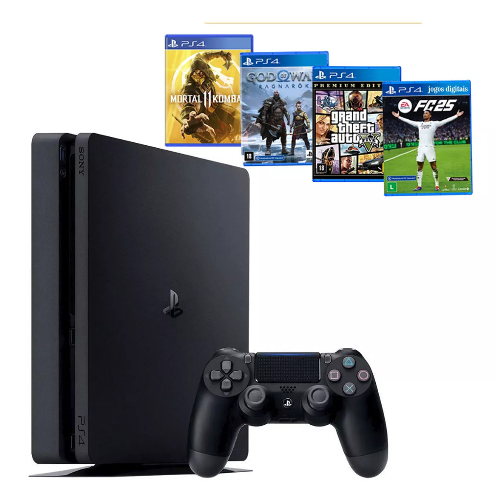 Sony Playstation 4 1000gb ou 500gb Com 1 ou 2 Manetes Ps4 Slim + Ea Fc Fifa 26 + God Raganarok + Gta 5 + 32 Jogos