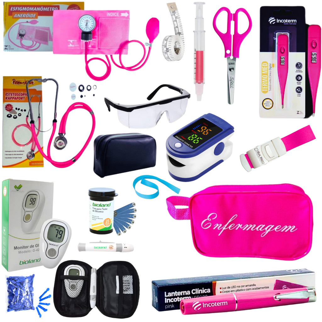 Kit Enfermagem Aparelho de Pressão + Estetoscópio + Lanterna + Oxímetro + Glicosímetro