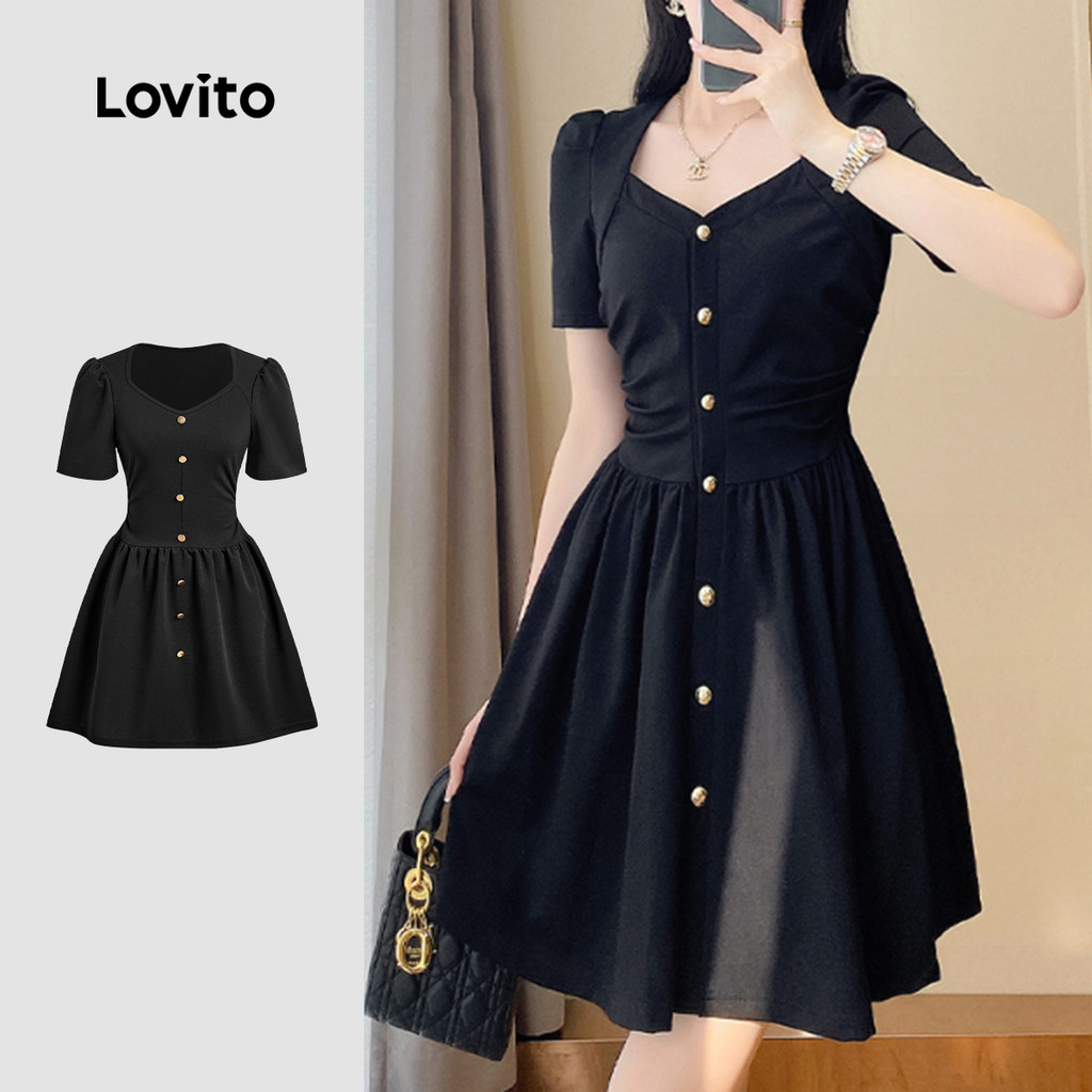 Lovito Vestido Elegante E Requintado Com Botões Preto Primavera/verão Para Mulheres L143ED158