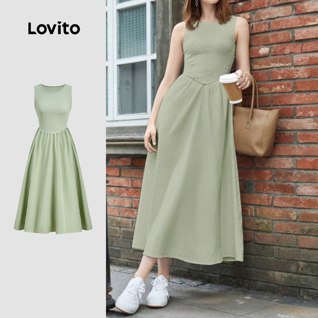 Lovito Tecido de Vestuário Casual Costurado Vestido de Primavera/verão Verde para mulheres L158AD1686