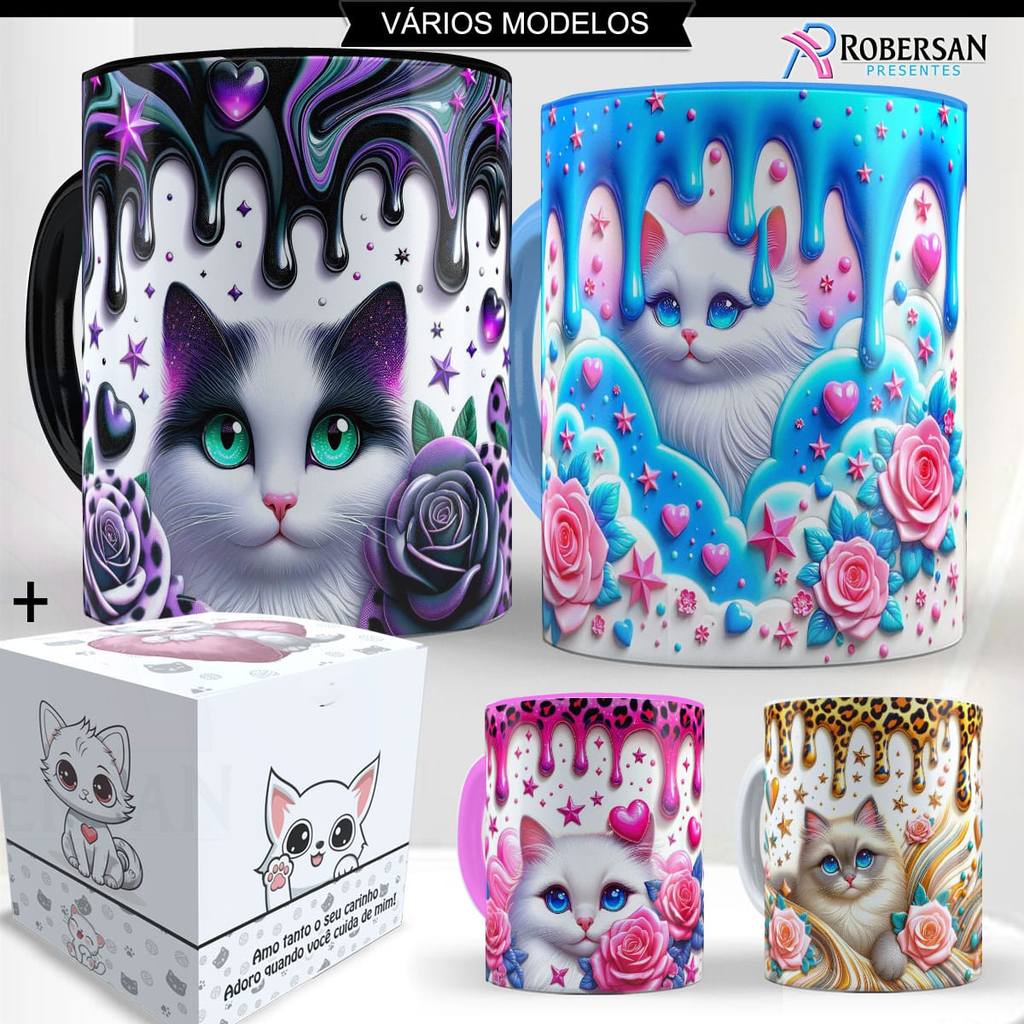 Caneca Gatinho 3D Gato Porcelana Pet Fofo Personalizada Gatos Gatinhos Xícara Ceramica Rosa Preto