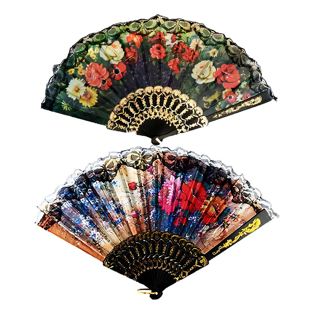 Leque Grande Florido Floral Tecido Plástico 42,5 X 23cm Cor Sortido-Floral renda