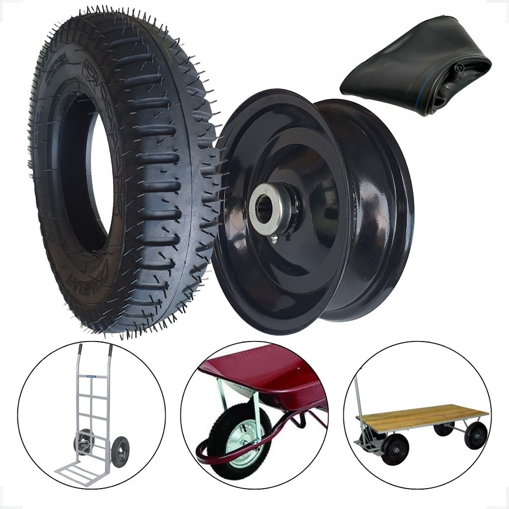 Jogo Pneu 375-8 + Roda Aro 8 C/ Graxeiro Uso Carretinhas