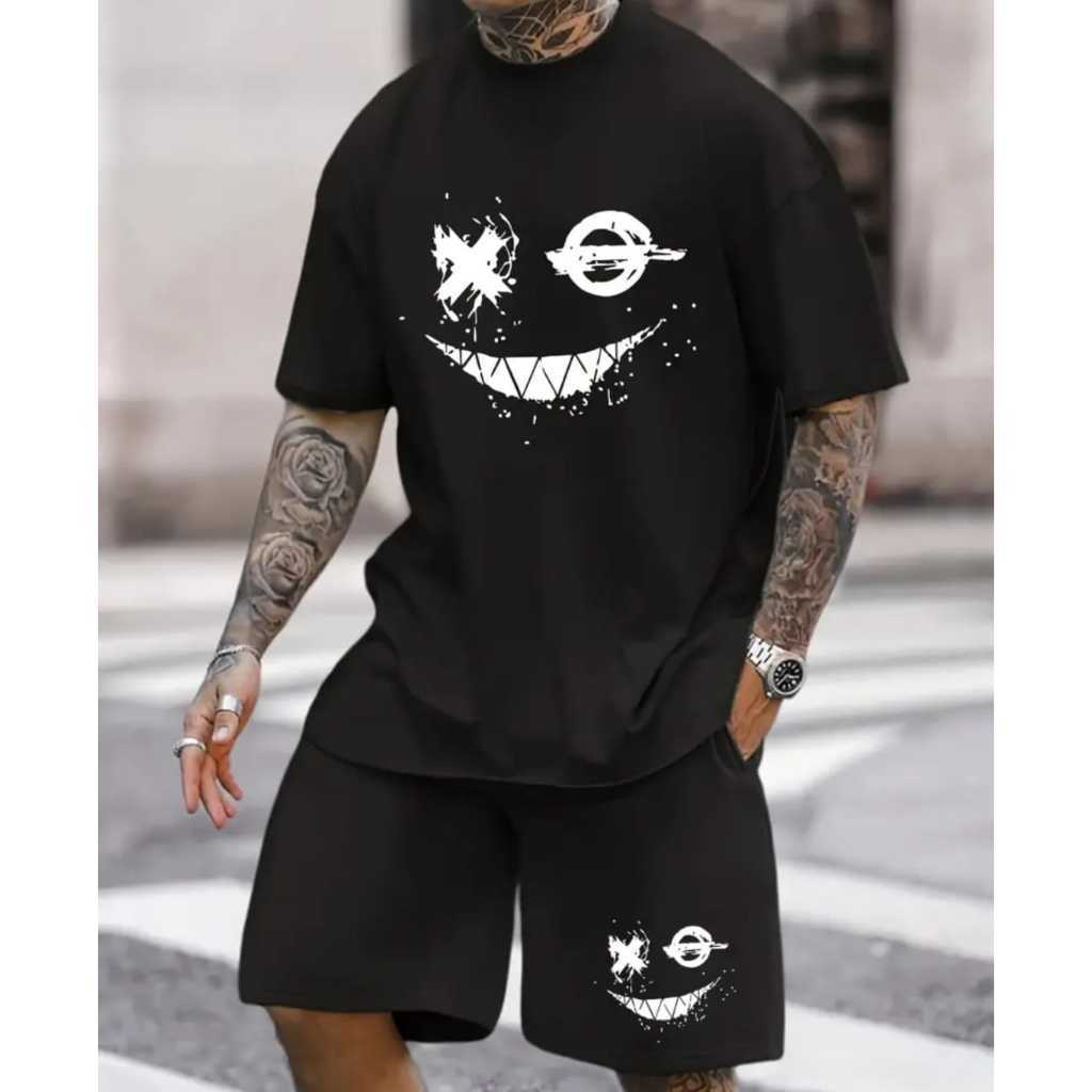Conjunto Camiseta Básica Premium Kit Camiseta E Short Moletom Conjunto Camisa Algodão Estampa Smile Moda StreetWear