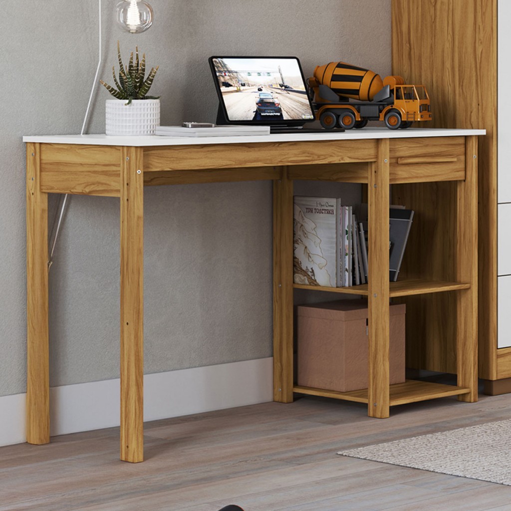 Mesa Infantil 1 Gaveta 2 Prateleiras 100% Mdf 7994 Branco Brilho/Amêndoa - Móveis Peroba em Oferta na Shopee