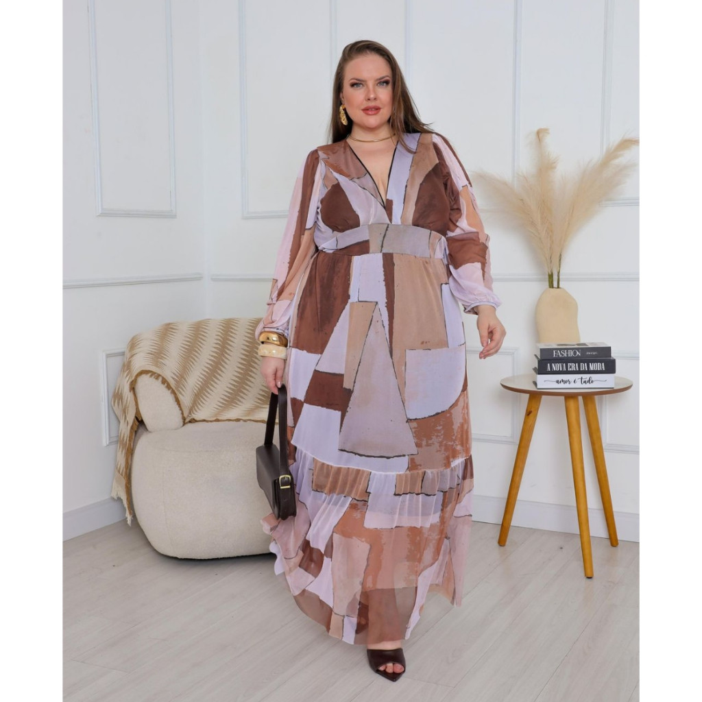 Vestido Longo Feminino Plus Size Curve Tule Estampado Manga Longa Moda Festa Elegante