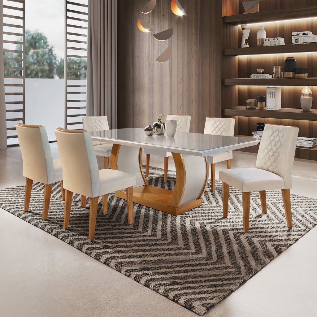 Conjunto Sala de Jantar Mesa Tampo de Vidro 6 Cadeiras Luanda Imbuia/Veludo Creme