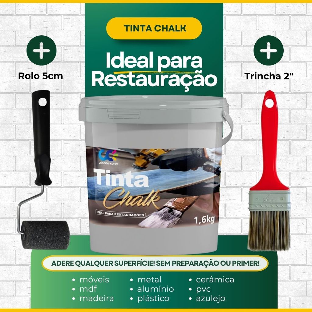 Tinta Chalk Restauração Cinza Neblina Adere Qualquer Superfície + Rolo 5cm + Trincha 2 polegadas em Oferta na Shopee