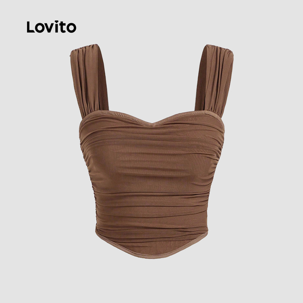 Lovito Top Casual Plissado de Lazer Primavera/verão Cor Café para mulheres L150ED621 em Oferta na Shopee