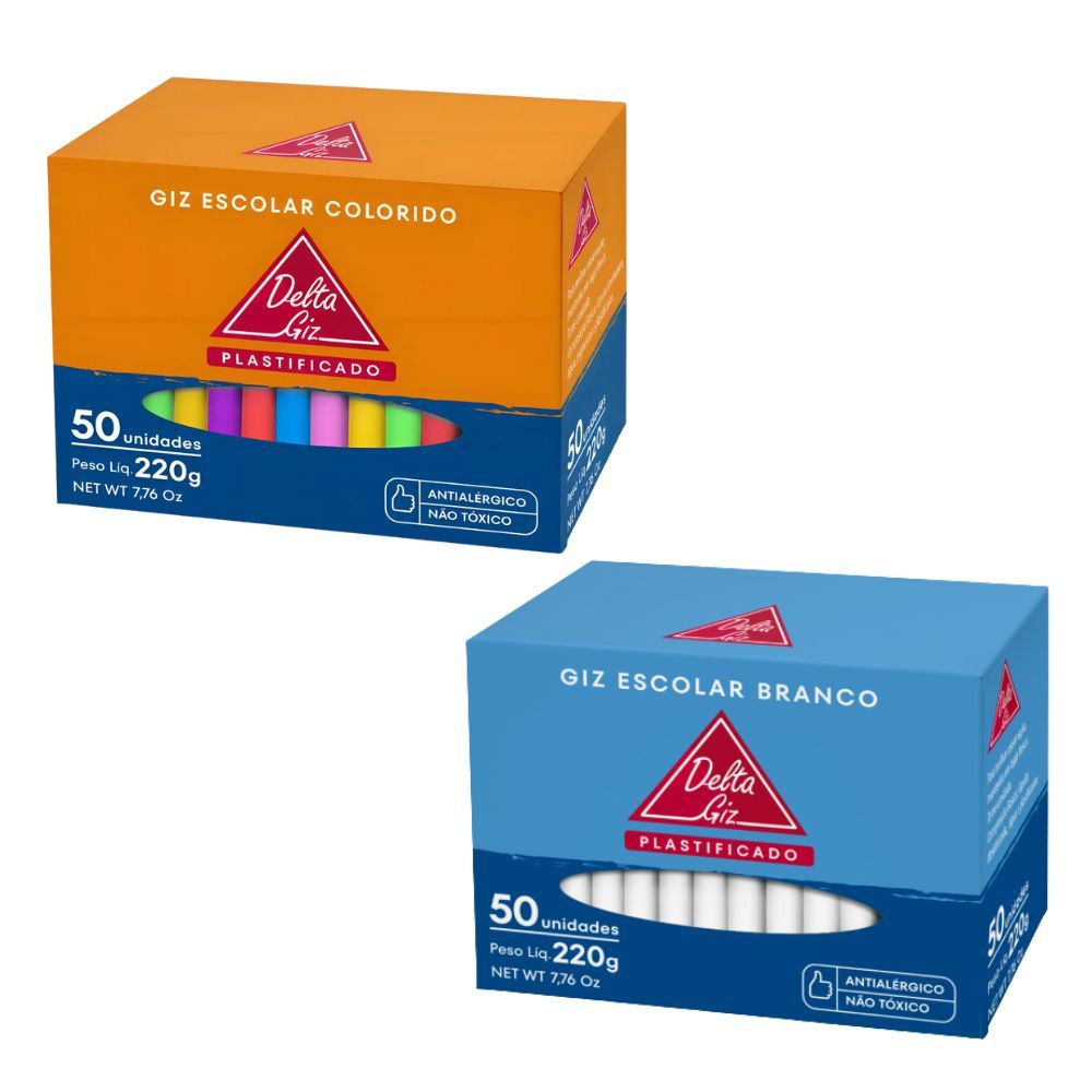 Kit Giz de Lousa Branco e Colorido Caixa c/ 50 Unidades Não Tóxico - Delta Giz