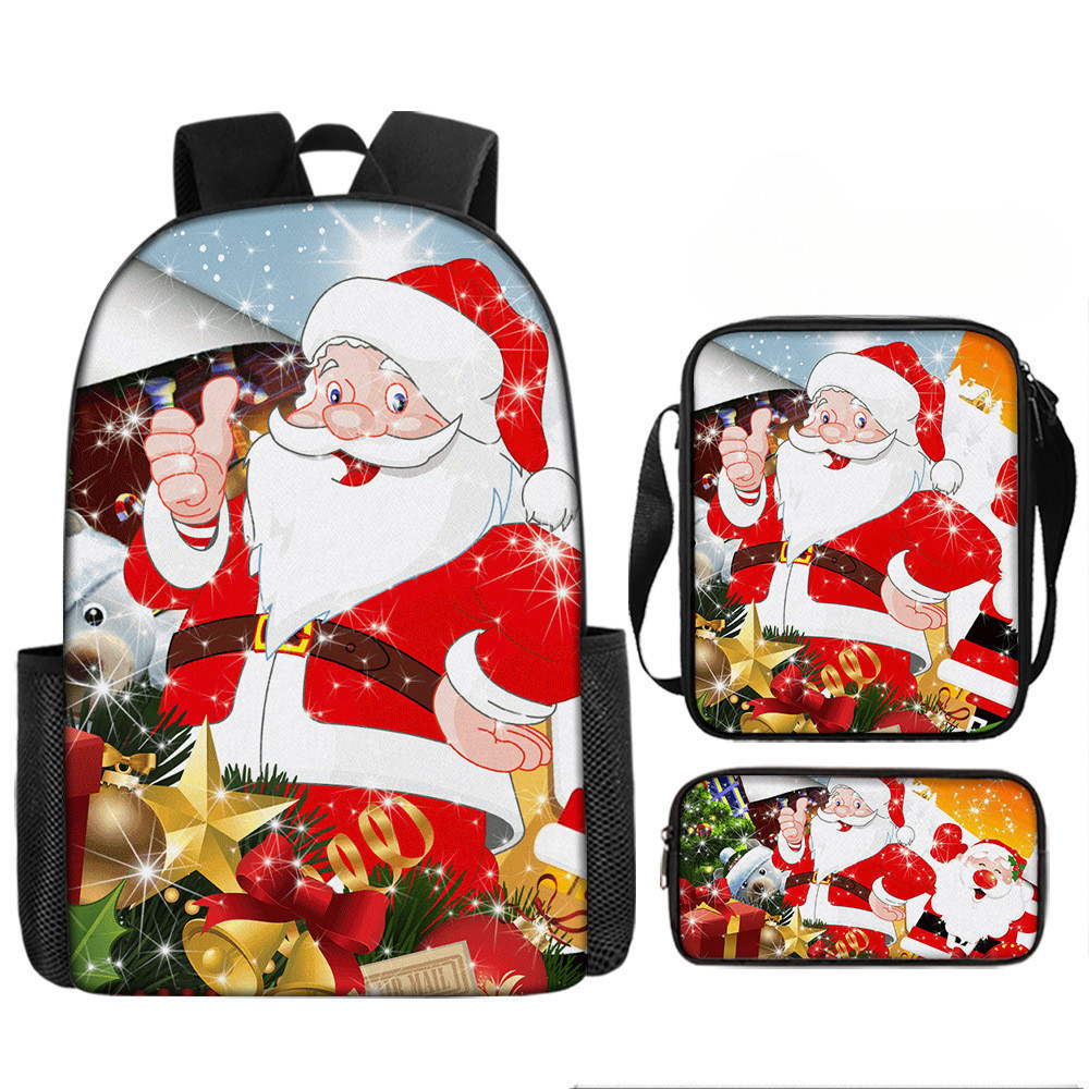 Conjunto de Mochila Tema de Natal de 3 Peças Mochila Escolar Estojo Mochila de Estudante Mochila de Adolescente VC5E