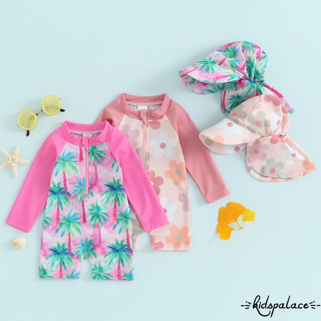 qwe-Maiô De Praia Para Meninas , Manga Comprida , Floral/Tropical , Estampa De Árvore , Zíper , Trajes De Banho Com Chap