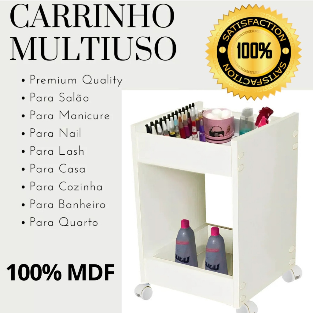 Carrinho de Manicure expositor de Esmaltes Carrinho Auxiliar Lash Design Carrinho Auxiliar Estética Cabeceira Cama