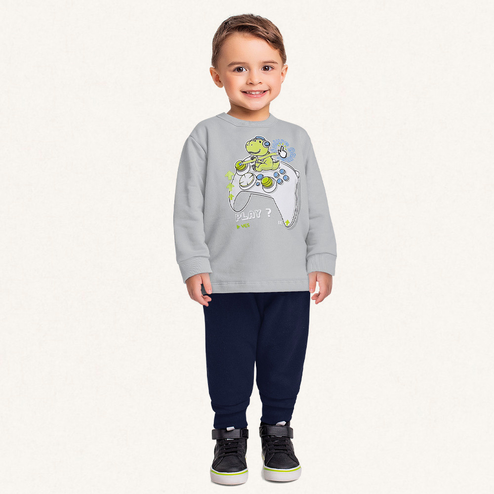Conjunto infantil blusão e calça em moletom play dino Fakini