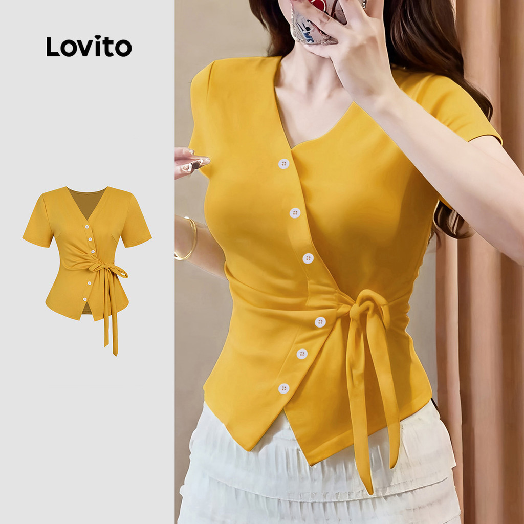Lovito Camisa Casual de Lazer Assimétrica com Amarração Primavera/verão Camiseta Amarela para Mulheres L155ED1820