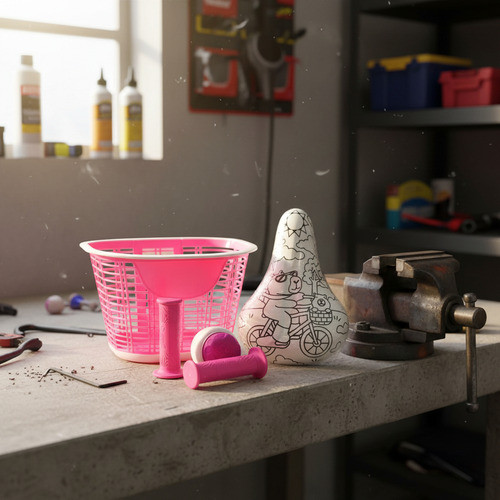 Kit Bicicleta Infantil Rosa Banco Selim Cesta Buzina Manopla