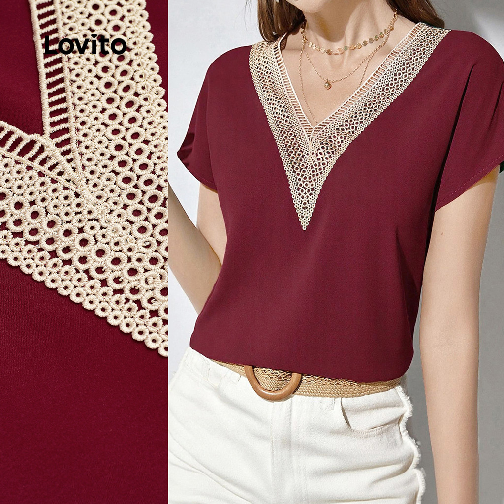 Lovito Blusa Casual De Festa Com Gola Contrastante Em Renda Vermelha Para Mulheres Ideal Para Primavera/verão L154ED364 em Oferta na Shopee