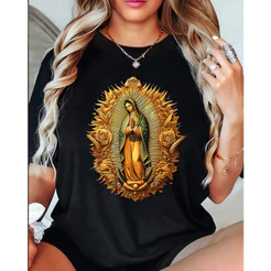 Camiseta Feminina Casual Elegante Puro Algodão Com Estampa Religiosa De Nossa Senhora De Guadalupe