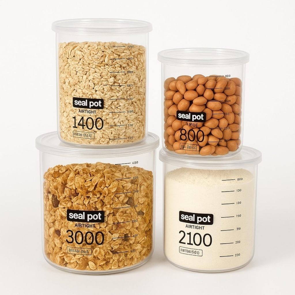 Kit 4 Potes Herméticos Plástico Transparente Mantimentos Organizador Farinha Grãos Açúcar Arroz