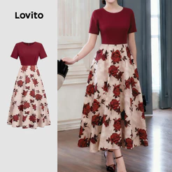 Lovito Elegante Vestido de Blocos de Cor Primavera/verão Vermelho para Mulheres L157LD349