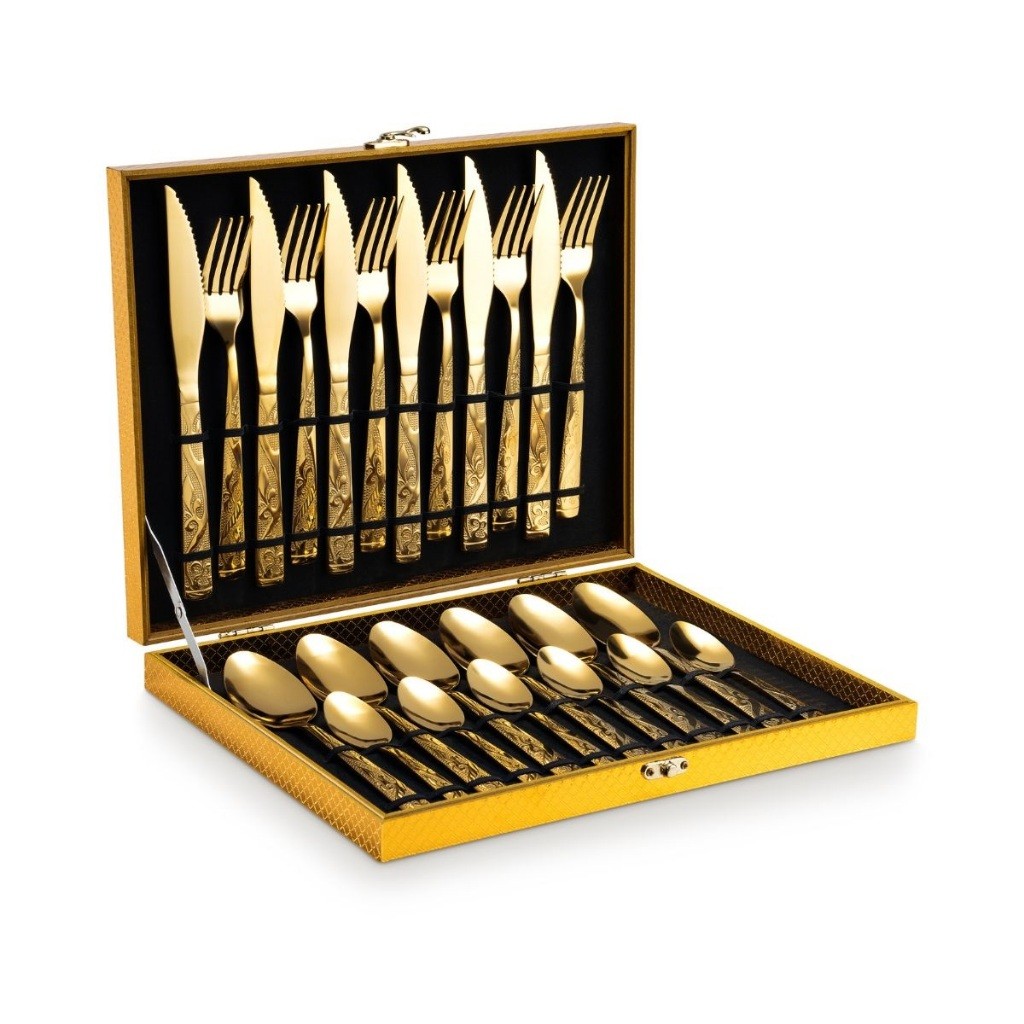 Faqueiro Inox 24 Peças Com Detalhes Dourados Premium + Estojo Maleta Jogo De Mesa