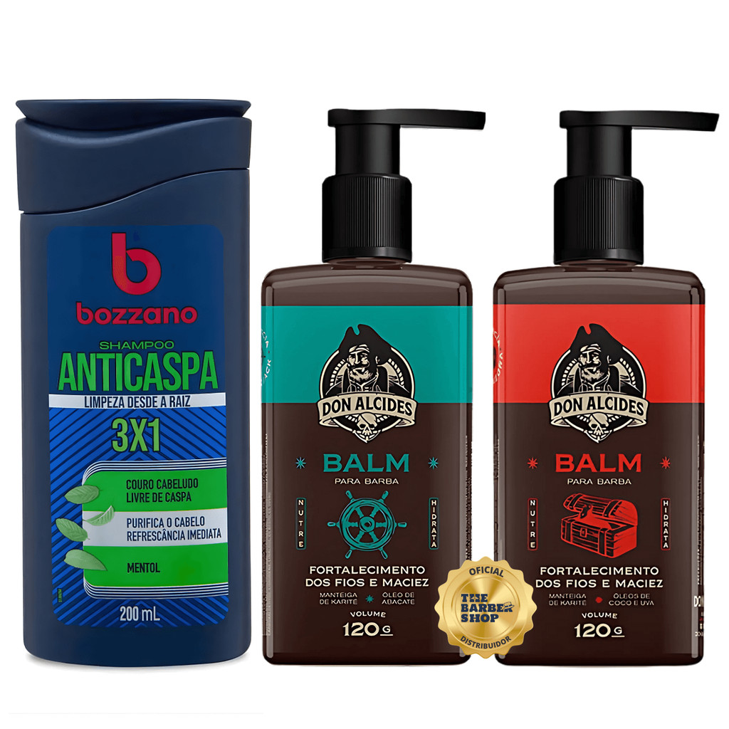 Kit Balm para Barba Don Alcides Barba Negra e Calico Jack + Shampoo Anticaspa Bozzano