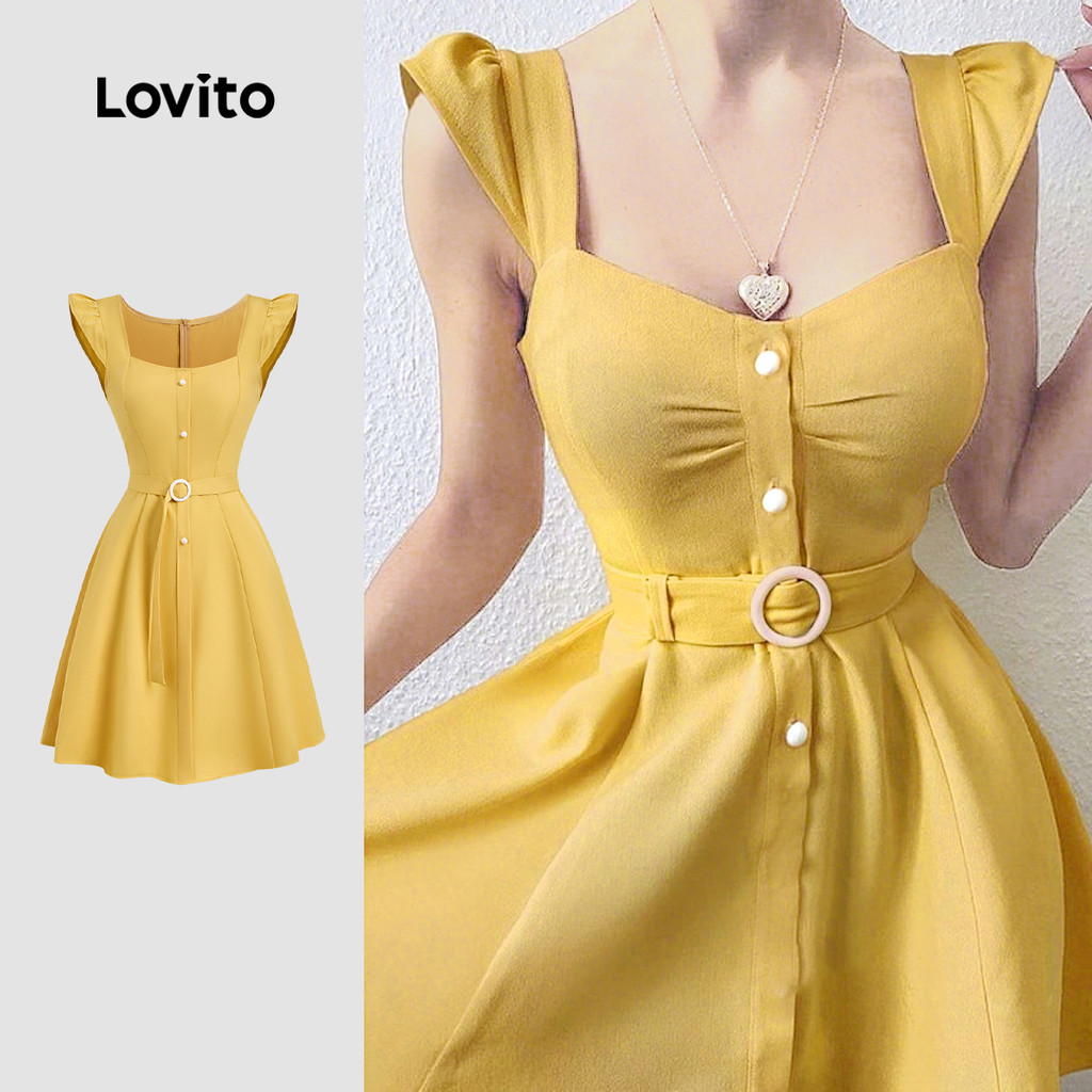 Lovito Vestido Casual com Cinto para Primavera/verão em Amarelo para Mulheres L142ED864 em Oferta na Shopee