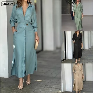 Vestidos Feminino Camisão De Manga Profunda V De Lapela Comprida De Cor Sólida Com Botão Frontal Para Mulheres - QUALY