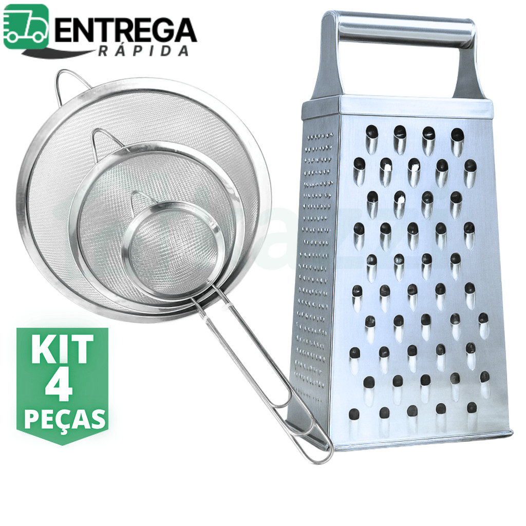 Kit 4 Peças Ralador 4 Faces Inox 3 Peneiras de Multiuso Inox de 8cm 10cm 12cm Utensílios de Cozinha