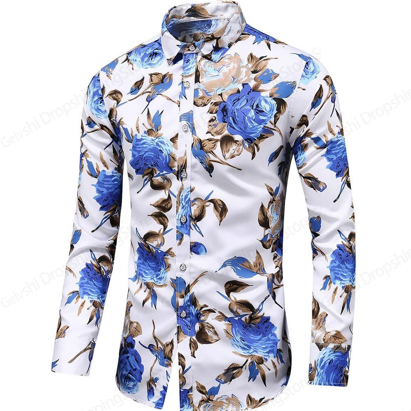 Camisa Masculina Vermelho Azul Rosa Floral Plus Size Manga Longa Camisas Havaianas Moda Casual De Luxo Lapela Blusa Nova
