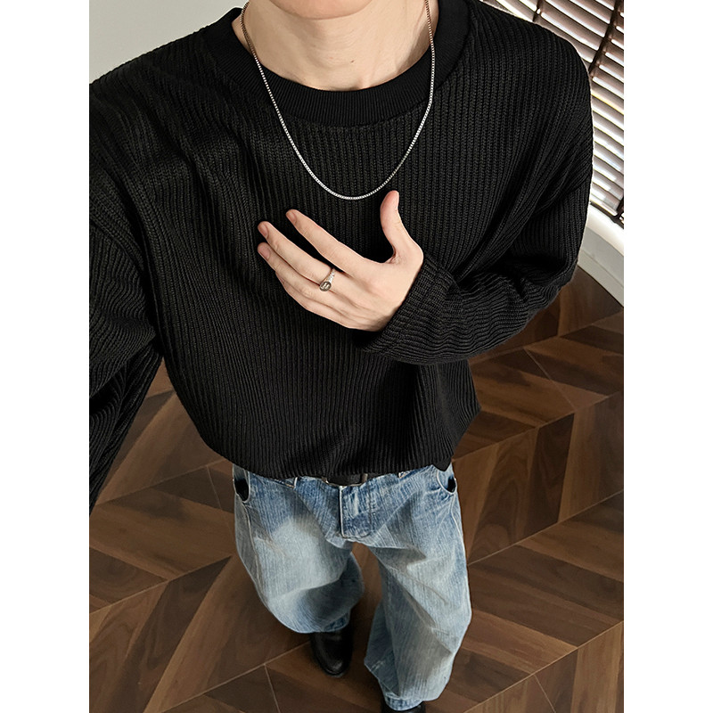 Camisa de fundo de malha texturizada masculina primavera outono estilo preguiçoso manga comprida camiseta americana clea
