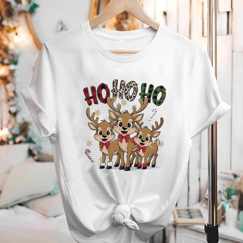 Camiseta Casual Algodão Feminina Natal Personalizada Estampas Diversas Rena Hohoho Tshirt Premium Unissex