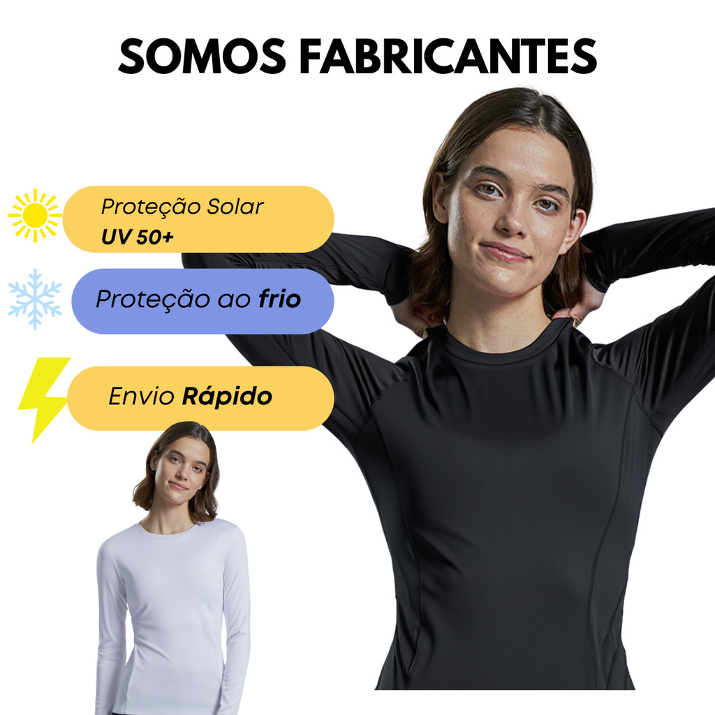 Camisa Proteção Solar Feminina UV Lisa Segunda Pele Cores Blusa 50+ Termica