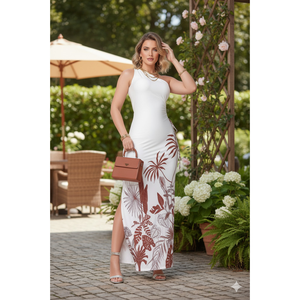 Vestido Longo Feminino Estampado tropical Ideal para Eventos e Festas Natal