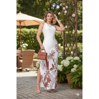 Vestido Longo Feminino Estampado tropical Ideal para Eventos e Festas Natal