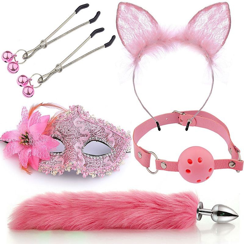 Kit Fox 5 em1 Rabo de Raposa Com Tiara de Orelhas Grampos Para Seios e Gargantilha com Mascara