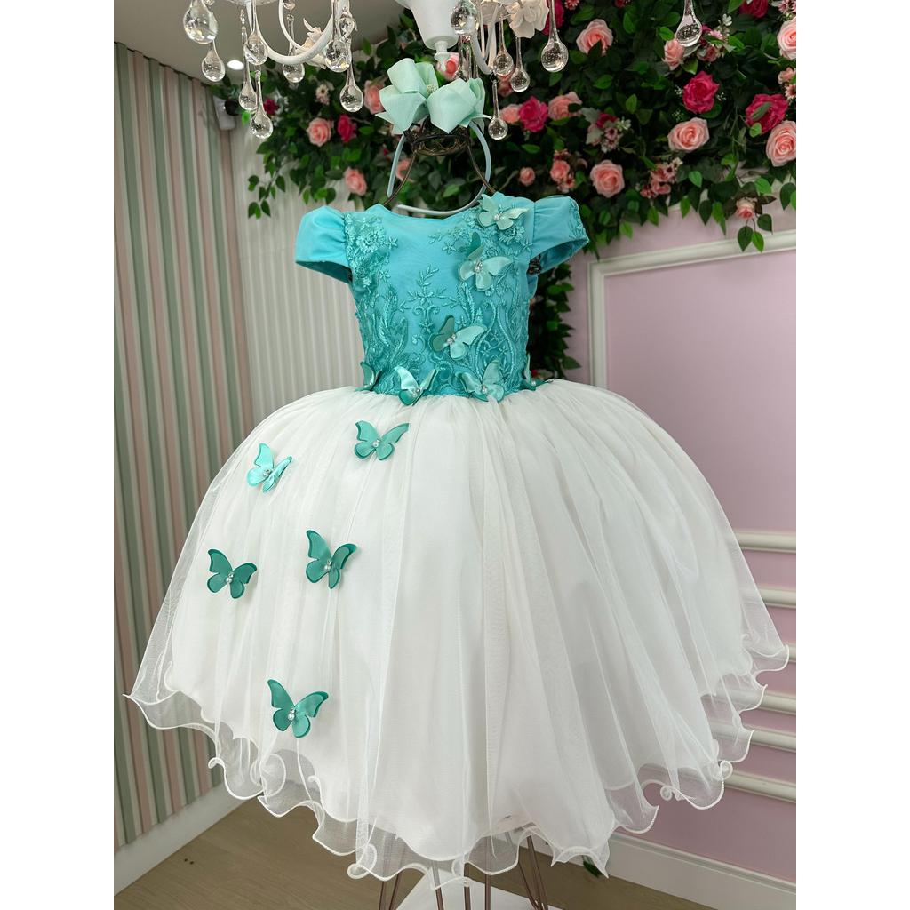 Vestido Infantil Menina Midi Verde Tiffany e Off Jardim Encantado Borboleta Formatura Casamento Luxo