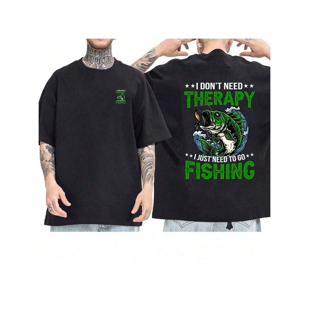 Camiseta OVERSIZED Preta StreetWear Gola em Ribanna Alta Plus Size Modelo: "TERAPY FISHING"