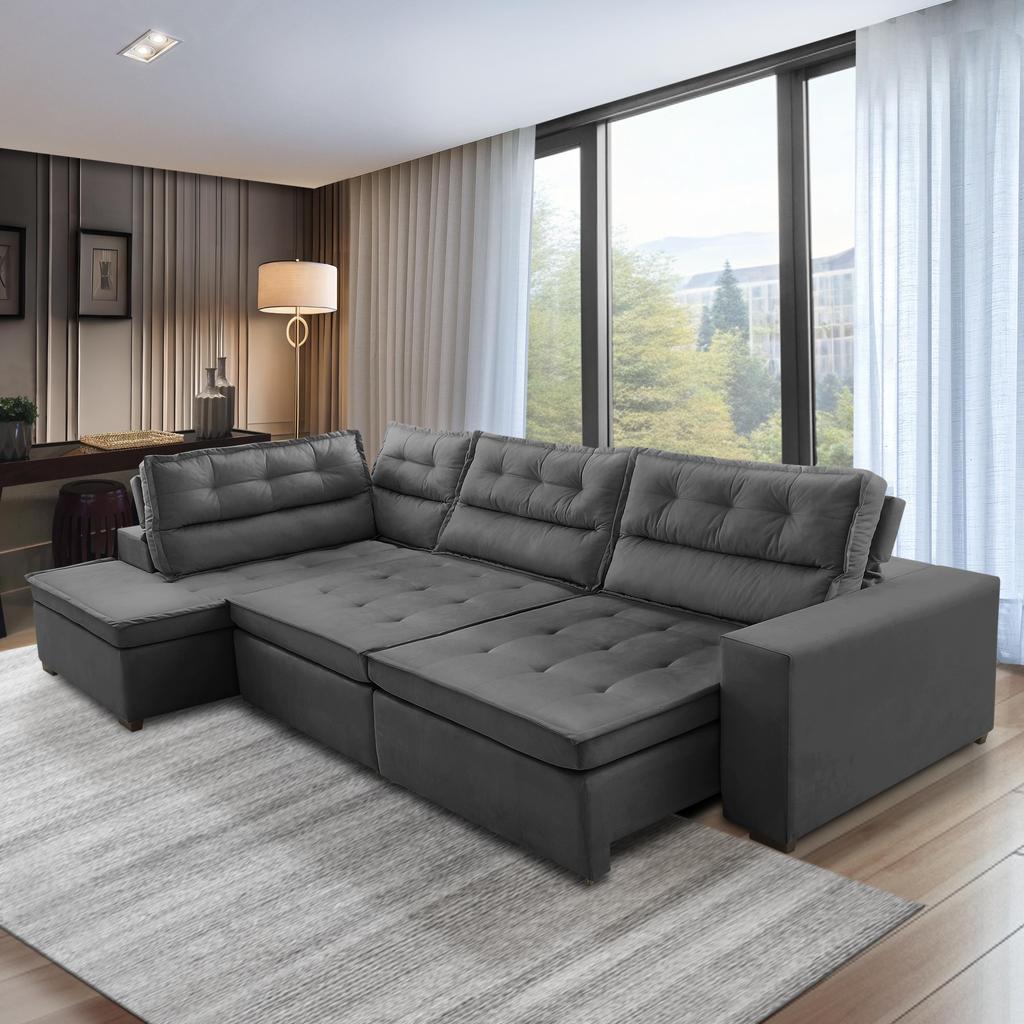 Sofá de Canto Retrátil e Reclinável com Molas 3,00x2,00 Esquerdo Virginia Suede Adonai Estofados