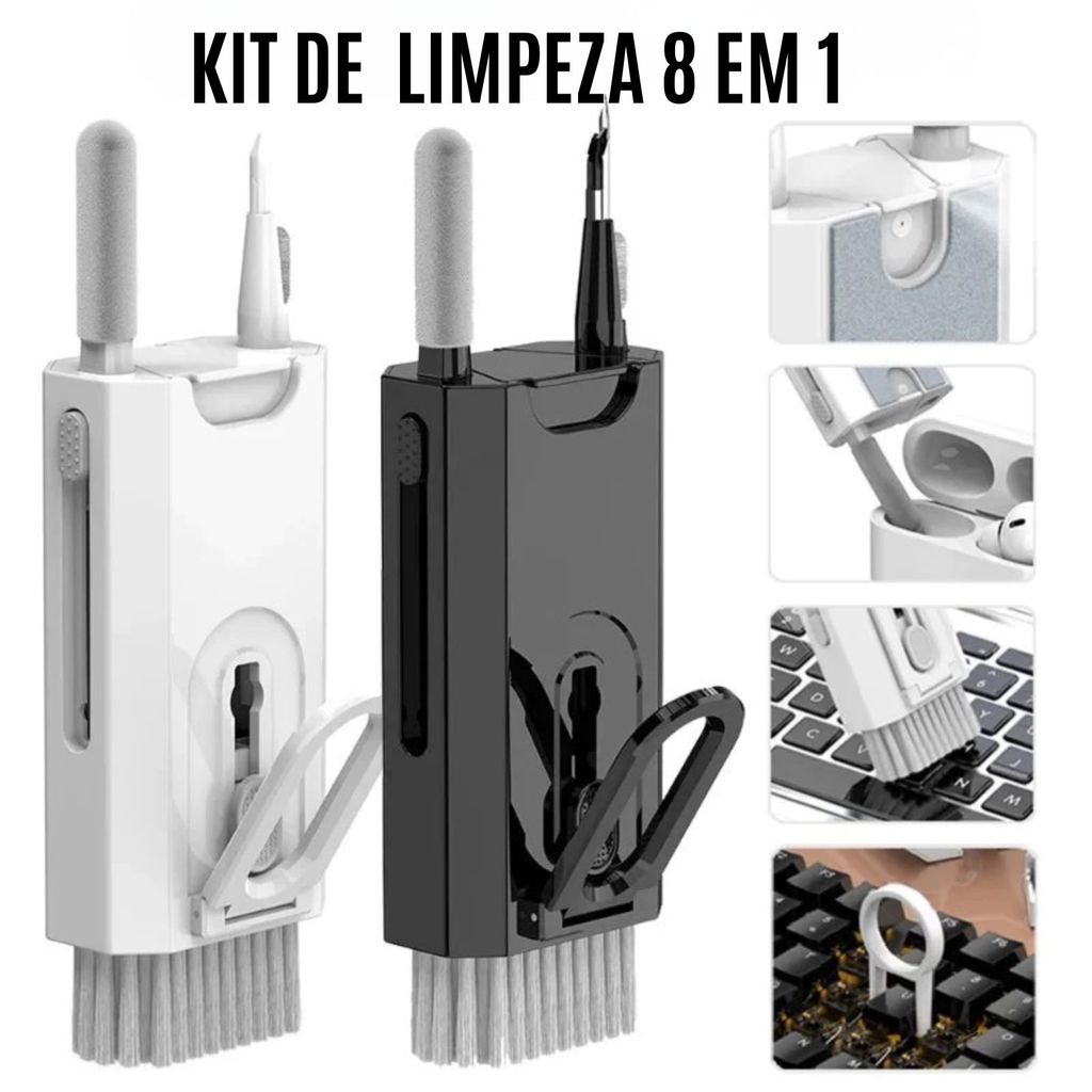 Kit de Limpeza 8 em 1 para Eletrônicos – Escova Retrátil, Esponja e Ferramenta para Teclado e Fones
