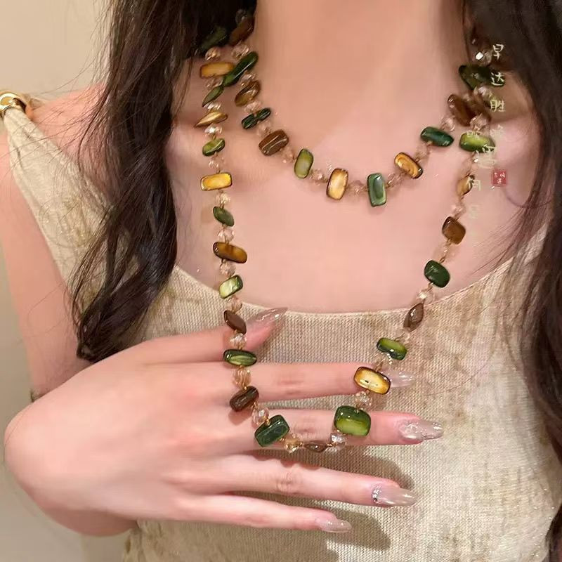 Colar de Pedra Natural Colorido Boêmio Estilo de Férias Retro Colar Longo em Camadas