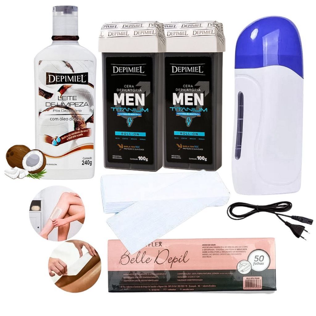 Kit Men Depilaçao Aquecedor De Cera Roll On Azuleno Depimiel 100g